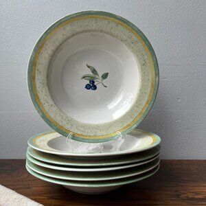 Interiors Genuine Stoneware Blueberry 6 Soup Plates Bowls 9" Indonesia